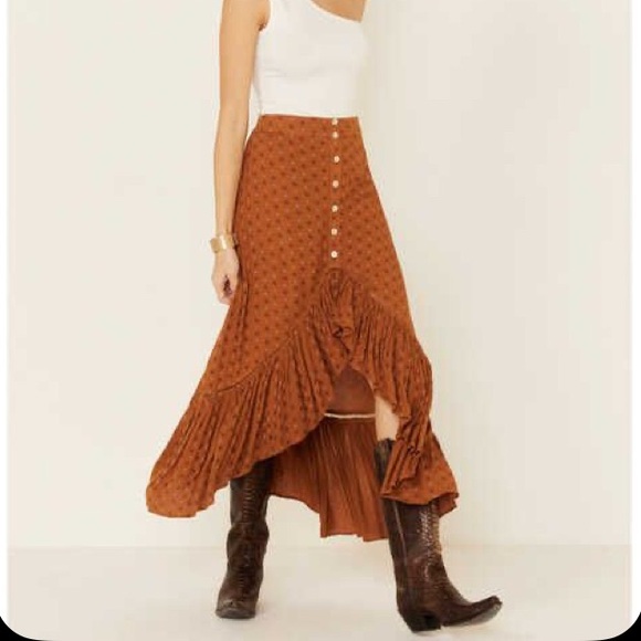 Shyanne Dresses & Skirts - Shyanne Prairie Ruffle High Low Maxi Skirt Western Boho Button Front Brown Small